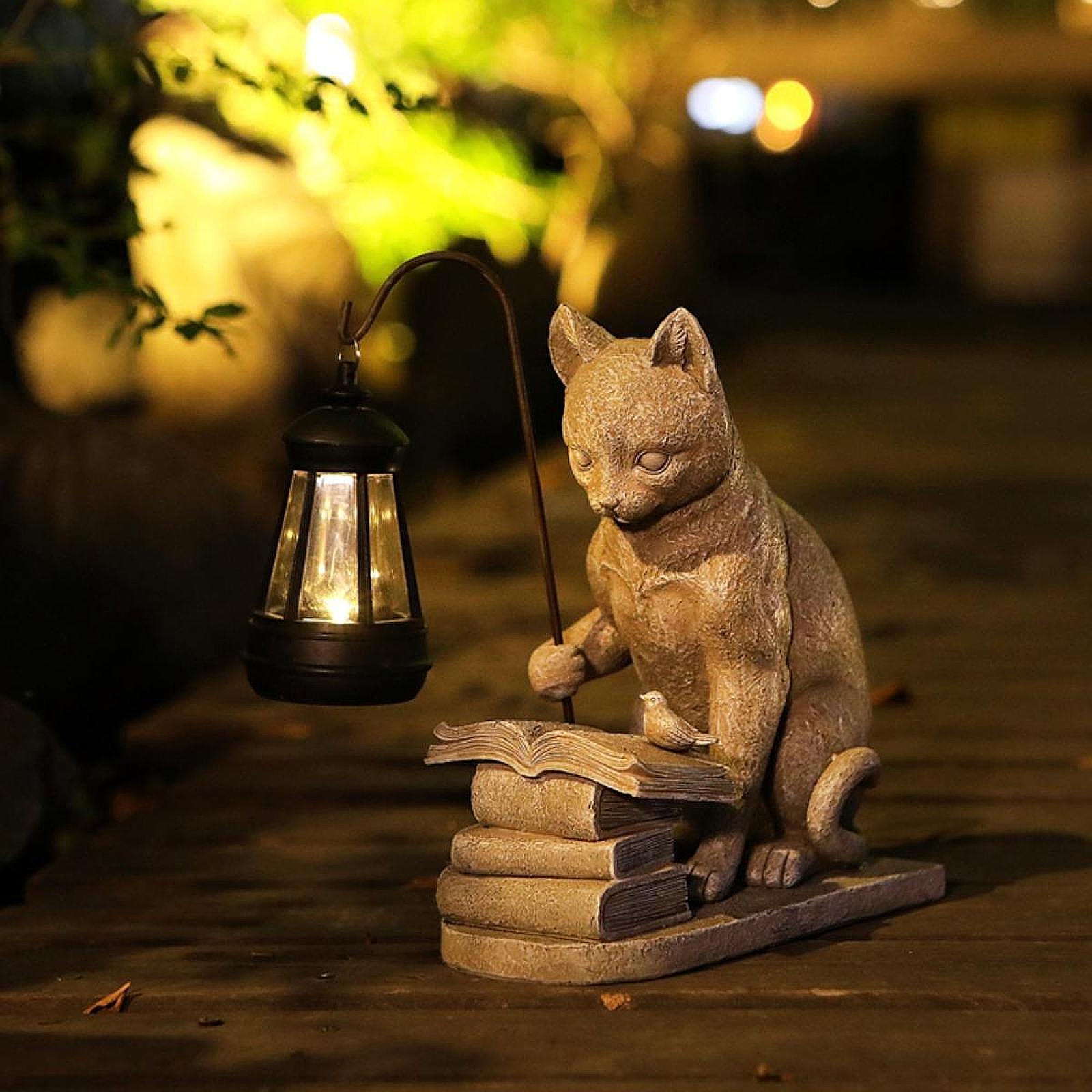 Resin Art Sculptures - Cat Solar Garden Mini Statue Sculpture
